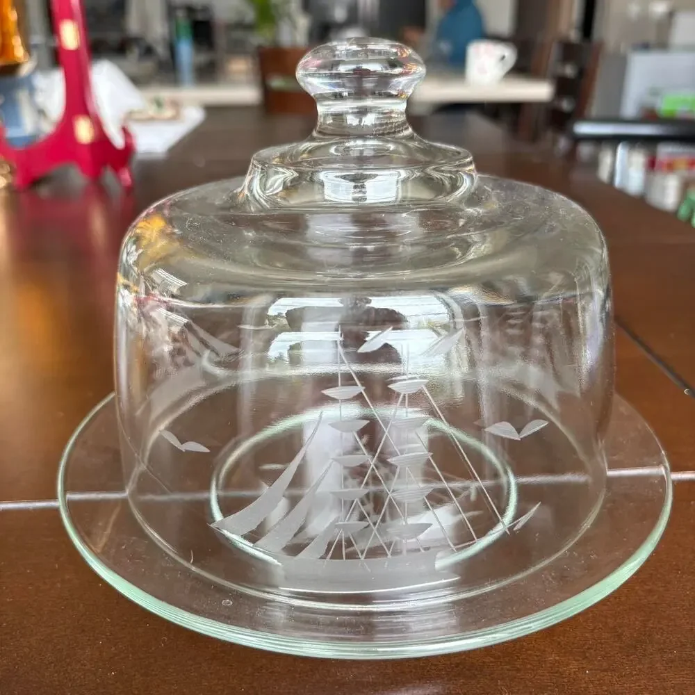 Vintage Etched Glass Cheese Dome w Plate Nautical Ship Cloche Butter DishCoastal